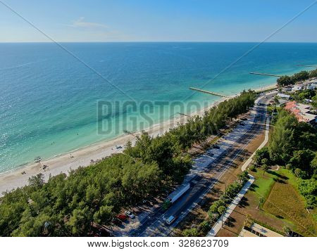 Aerial View Of Cortez Beach Withe Sand Beach And His Little Wood Pier On Blue Water, Anna Maria Isla