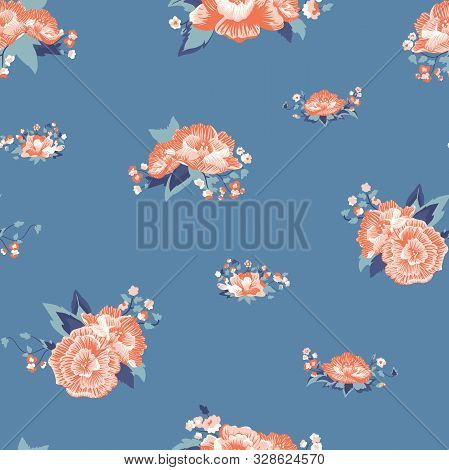 Vector Pastel Delicate Orange Roses On Blue Seamless Pattern Background.