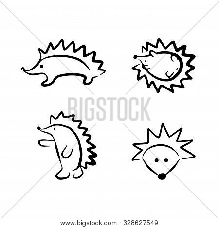 Hedgehog Set Graphic Black And White Illustration. Isolated Sketch
