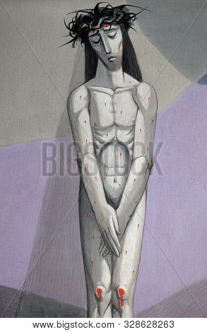GEMUNDEN, GERMANY - JULY 17, 2019: 10th Stations of the Cross, Jesus is stripped of His garments, Church of the Holy Trinity in Gemunden am Main, Bavaria, Germany