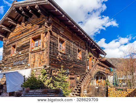Livigno, Italy, April 2016 Traditional Alpine Wooden Architecture In The Village, Wooden House, Livi