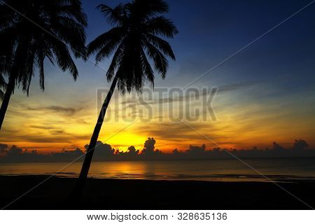 Sunrise And Shadow Coconut On Beach At Thung Wua Lan Beach, Chumphon Province Thailand