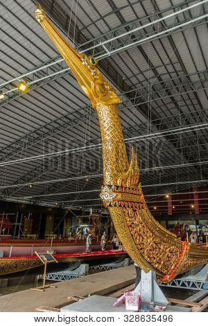 Bangkok City, Thailand - March 17, 2019: Royal Barge National Museum. Prow With Figurehead Of Royal 