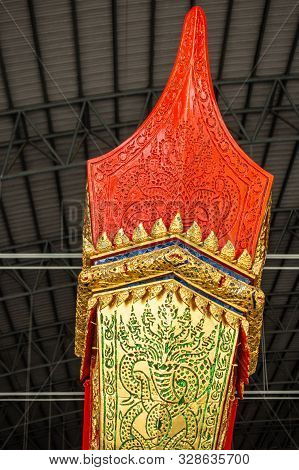 Bangkok City, Thailand - March 17, 2019: Royal Barge National Museum. Closeup Of Red And Golden Top 