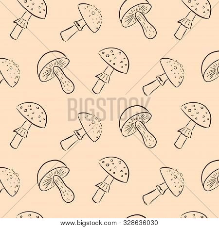Autumn Mushroom Pattern. Vector Pattern For Design On A Beige Background