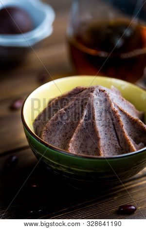 Anko Japanese Sweet Red Beans Served In Bowl On Wooden Table