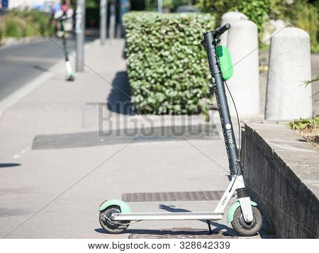 Lyon, France - July 13, 2019: Lime Logo On One Of Their Electric Scooters In Lyon. Lime Is A Transpo