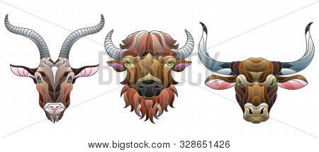 A Set Of Stained Glass Items, Stained Glass With Animal Heads, A Goat,  A Bison And A Bull, Isolates