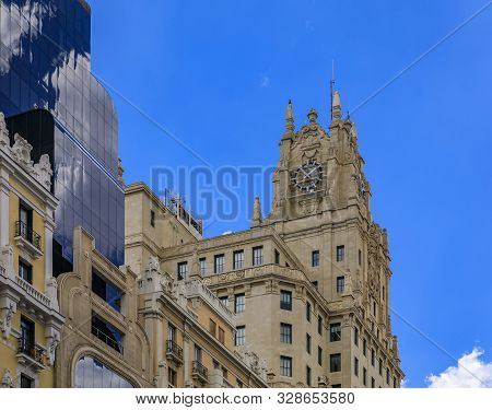 Madrid, Spain - June 5, 2017: View Of Edificio Telefonica And Other Buildings On Gran Via Shopping S