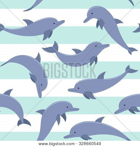 Seamless Pattern With Dolphins. Vector Illustration. Marine Animals, The Cetaceans.
