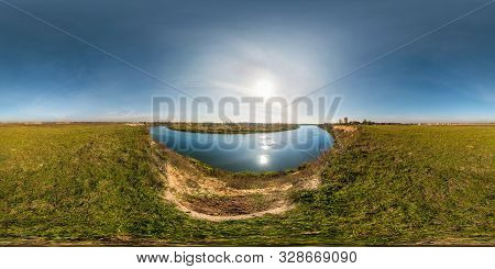 Seamless Spherical Hdri Panorama 360 Degrees Angle View On Grass Coast Of Huge River Or Lake In Sunn