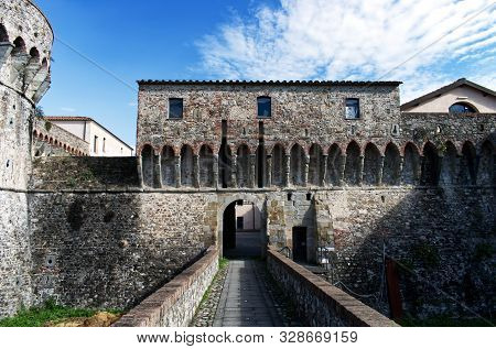 Sarzana / Liguria, Italy - October 18,2019: Ancient Firmafede Medieval Fortress In Sarzana, Italy. R