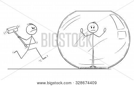 Vector Cartoon Stick Figure Drawing Conceptual Illustration Of Man Or Businessman Trapped Inside Aqu