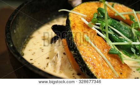 Close-up Images Of Soup Curry With Chicken, Pork And Vegetable