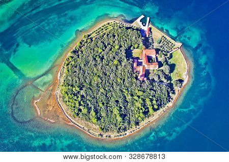 Kosljun. Adriatic Island Of Kosljun In Punat Bay Aerial View, Island Of Krk, Kvarner Bay Of Croatia