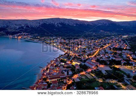 Baska. Aerial Sunset Burning Sky View Of Town Of Baska. Island Of Krk In Croatia.