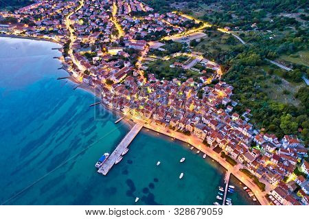 Baska. Aerial Evening View Of Town Of Baska Coast And Harbor. Island Of Krk In Croatia.