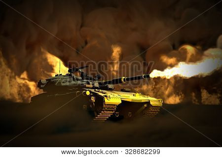 Military 3d Illustration Of Forest Camo Heavy Tank With Fictional Design In Combat With Fire Around 