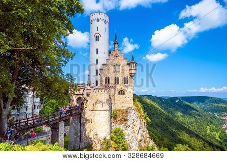 Germany - Aug 4, 2019: Lichtenstein Castle In Summer. This Beautiful Castle Is A Landmark Of Baden-w