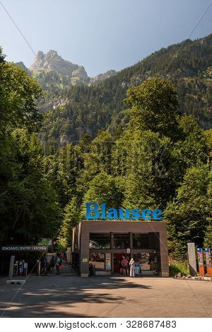 Blausee Lake, Switzerland - July 23, 2019 : Tourists Entering The Blausee Lake Located In The Kander