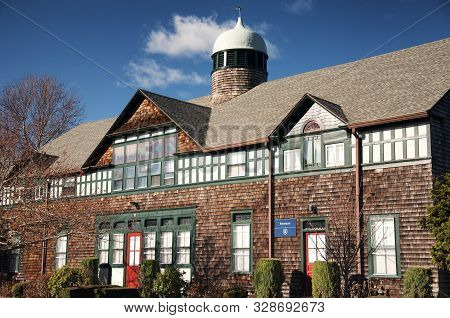 Newport, Rhode Island. November 26, 2017. The Historic Wooden Shingled Stoneacre Carriage House At S