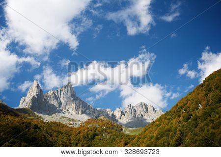 Peaks in Lescun Cirque. On the left Petite Aiguille Ansabere and to the right Grand Aiguille Ansabere. Aspe Valley, Pyrenees, France.
