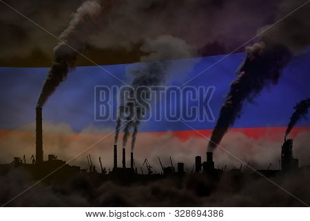 Global Warming Concept - Dense Smoke From Factory Pipes On Donetsk Peoples Republic Flag Background 