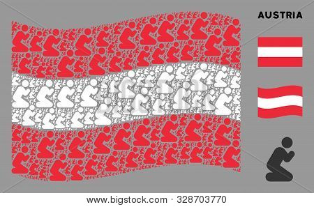 Waving Austrian State Flag. Vector Praying Person Design Elements Are Combined Into Mosaic Austrian 