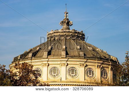 Detail View Over The Romanian Athenaeum Or Ateneul Roman, In The Center Of Bucharest, Romania, 2019