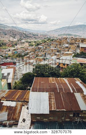 Over View At Houses On The Hills Of Comuna 13 In Medellin, Columbia
