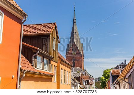 Colorful Houses And Church Tower In Flensburg, Germany