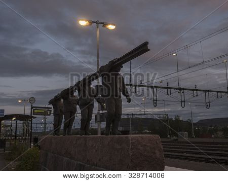 Kiruna, Norrbotten, Sweden, Agust 22, 2019: Blue Hour Night View At Kiruna Train Station With Sculpt