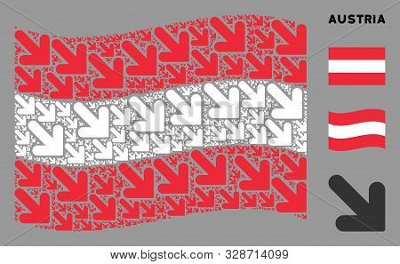 Waving Austria Official Flag. Vector Arrow Down Right Design Elements Are Combined Into Mosaic Austr