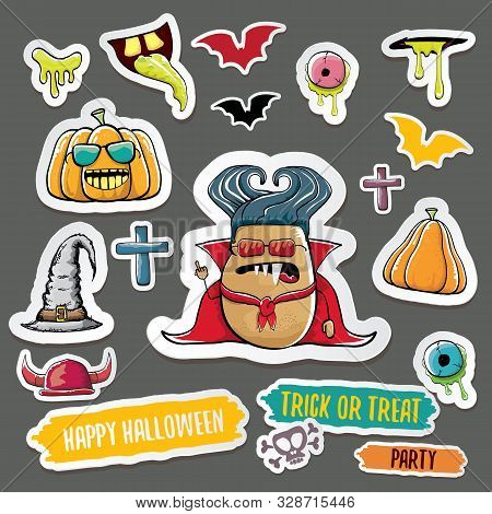 Vector Halloween Sticker Icons Set With Dracula, Witch Hat, Scary Pumpkin, Bat , Skull, Happy Hallow
