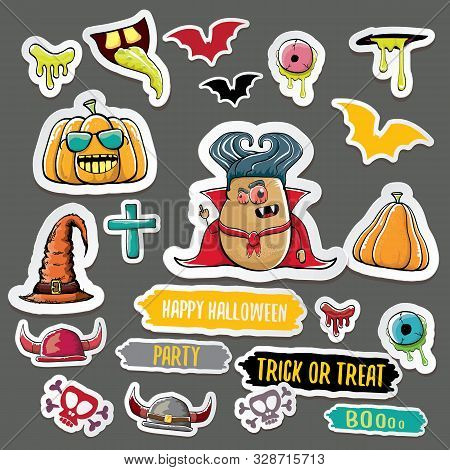 Vector Halloween Sticker Icons Set With Dracula, Witch Hat, Scary Pumpkin, Bat , Skull, Happy Hallow