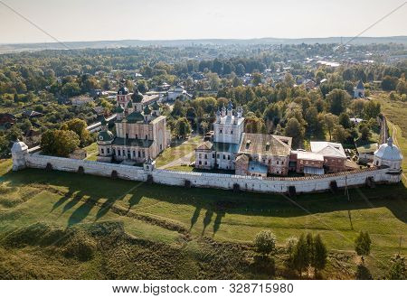 Aerial Summer View Of Pereslavl-zalessky And Old Goritsky Monastery With Shadows From Domes. Golden 
