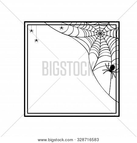 Square Halloween Frame With Spiders And Web. Vector Design Decorative Element