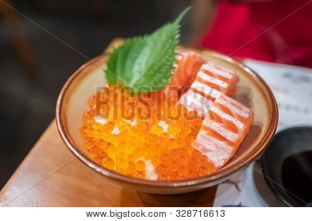 Close Up Of Salmon Don On The Table, Fresh Sashimi, Raw Salmon, Salmon Roe.