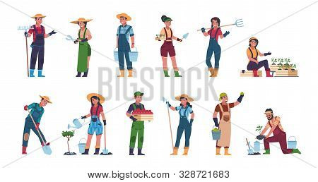 Agricultural Workers. Cartoon Farmers And Harvesting Characters, Hand Drawn Rural People With Farmin
