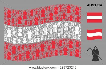 Waving Austrian Official Flag. Vector Death Scytheman Design Elements Are Placed Into Conceptual Aus