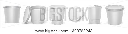 Yoghurt Container. Blank 3d Plastic Packaging Mockup With Lid Of Melted Cheese Spread Or Butter. Vec