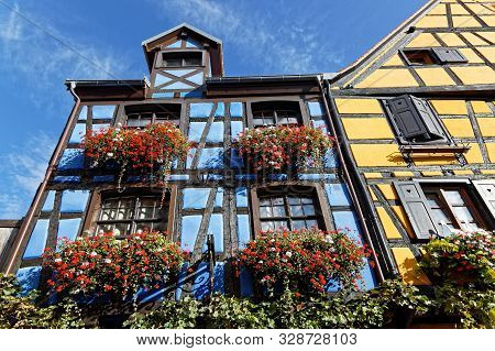 Riquewihr, France, October 13, 2019 : Old Half-timbered House. Popular Tourist Attraction For Its Hi