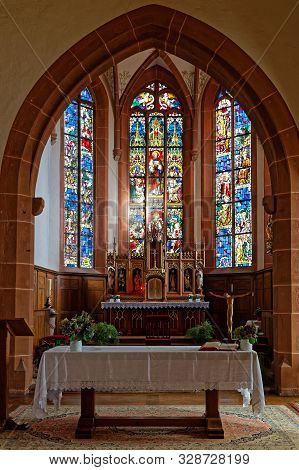 Hunawihr, France, October 13, 2019 : Interiors And Stained Glasses Of Hunawihr Church, In Alsace