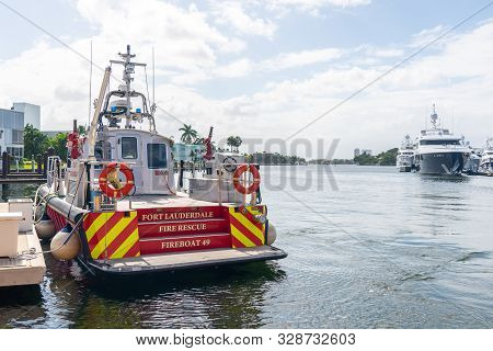 Fort Lauderdale, Florida - September 20, 2019: Fireboat Anchored In Fort Lauderdale