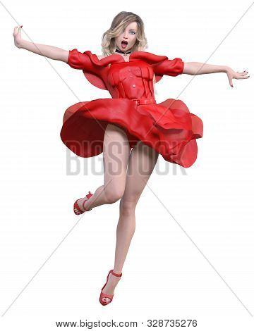 Beautiful Blonde Woman Light Summer Waving Dress.bright Makeup.pin Up Girl.skirt Up Wind.woman Studi