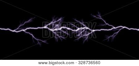 Tunder Lightning Bolts Isolated On Black Background, Abstract Electric Concept