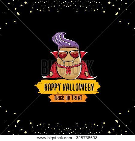 Vector Funny Cartoon Cute Dracula Potato With Fangs And Red Cape Isolated On Dark Background. My Nam