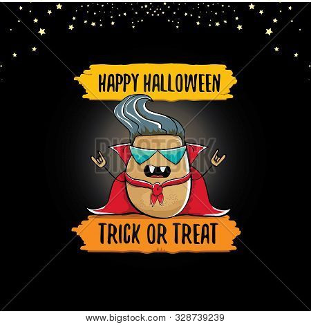 Vector Funny Cartoon Cute Dracula Potato With Fangs And Red Cape Isolated On Dark Background. My Nam