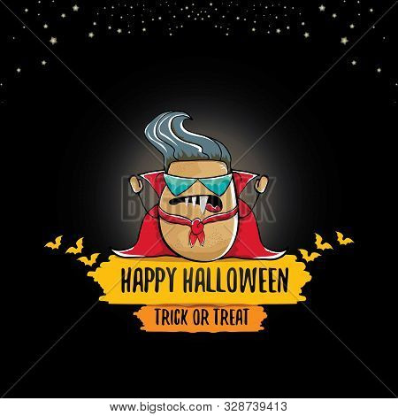 Vector Funny Cartoon Cute Dracula Potato With Fangs And Red Cape Isolated On Dark Background. My Nam
