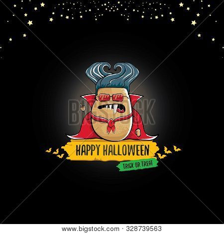 Vector Funny Cartoon Cute Dracula Potato With Fangs And Red Cape Isolated On Dark Background. My Nam